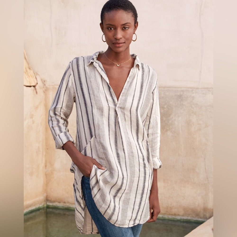 CP Shades Teton Linen Tunic XS Oversized Boho Western Coastal Lagenlook Striped